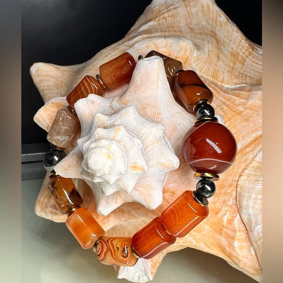 STRIPED AGATE + HAEMACHATES NATURAL STONES BRACELET size 7” - Picture 2 of 12